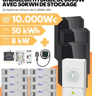 Kit solaire 10.000W recharge voiture électrique - Stockage 50kWh - Avec chargeur 7kW - Monophasé