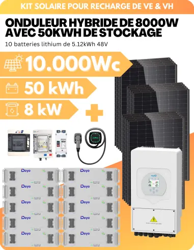 Kit solaire 10.000W recharge voiture électrique - Stockage 50kWh - Avec chargeur 7kW - Monophasé